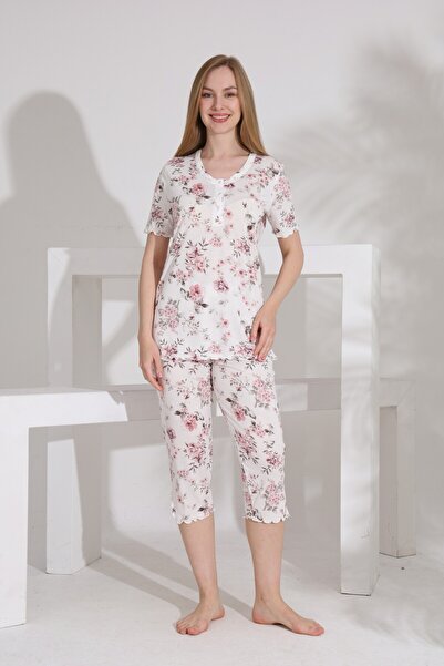 Evia Angelique Bamboo Fabric Short Sleeve Ruffle and Bow Detailed Floral Patt...