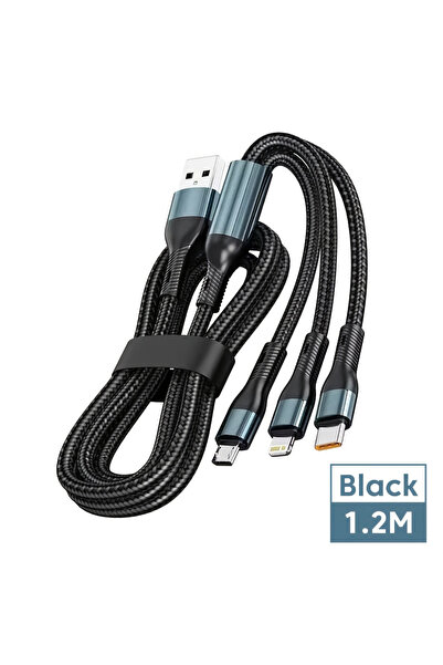 Choice كابل USB نوع C أسود بطول 1.2 متر، 6 أمبير، 120 واط، 3 في 1، للشحن السر...
