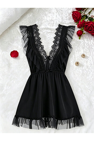 JInsh Black Lace Babydoll Nightgown for Women, Elegant V-Neck Sheer Mesh Ruff...