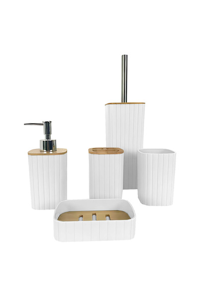Velaris 5-Piece Bathroom Accessories Set White & Bamboo - Minimal Design, Ele...
