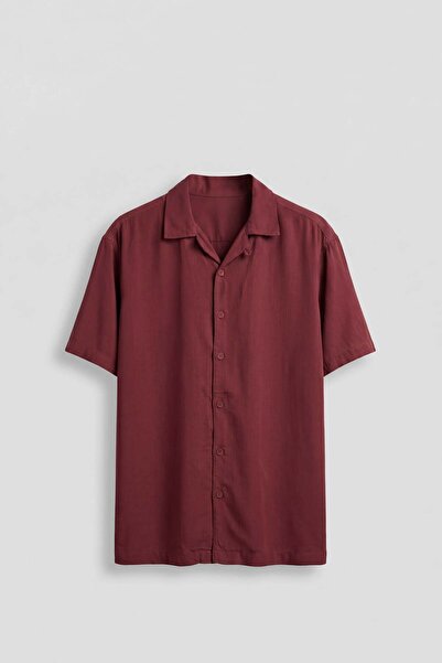 ablukaonline Men's Relaxed Fit Open Collar Short Sleeve Tencel Shirt Red