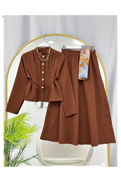 YEDİLALE Gold Buttoned Pleated Blouse and Flared Skirt Two-Piece Set [Excludi...