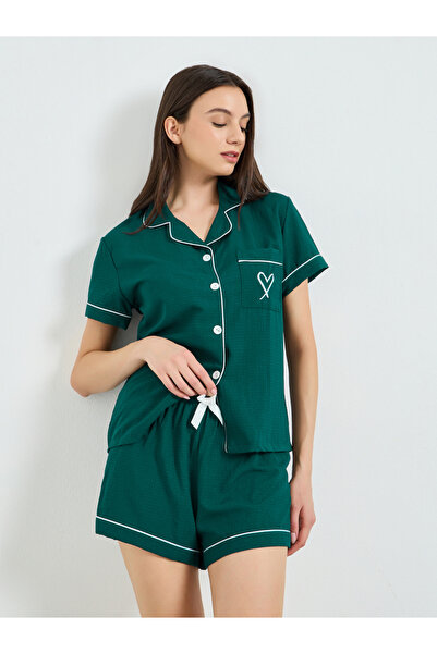 Take Two By Styli Dark Green Contrast Piping Shirt and Shorts Set