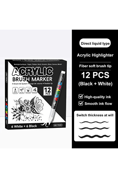 Choice 6 white 6 Black Acrylic Paint Markers Brush Tip, 12 pcs soft tip black...