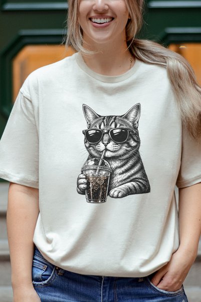 Auryne Jewelry Unisex Cat Printed T-Shirt 100% Organic Cotton Crew Neck Comfortable Fit Casual T-Shirt