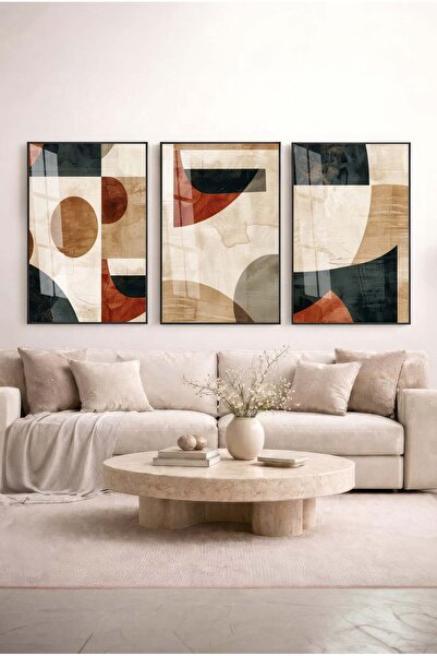 Zevahir Mobilya Dekorasyon Colorful Geometric Patterned 3-Piece Glass Paintin...