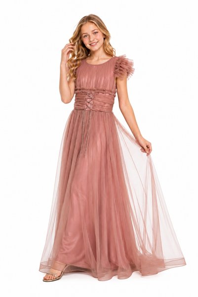 AHENGİM Girl's Tulle Detailed Belted Evening Dress Special Occasion Dress Ak2613
