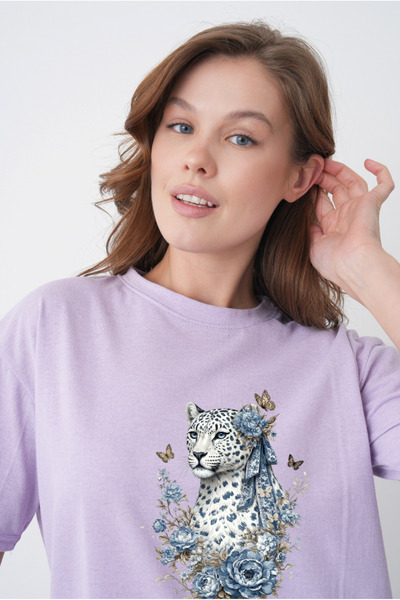 TREND EMMODA Tricou casual de damă, liliac, cu decolteu rotund, cu imprimeu l...