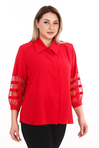 KİFAYET Plus Size (50-56) Shirt Collar with Stone and Tulle Detail, Three-Qua...