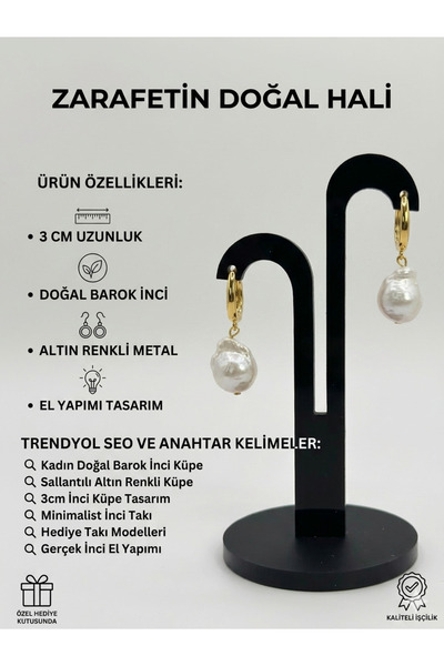 mize Kadın Doğal Barok İnci Küpe Altın Kaplama Sallantılı Tasarım Küpe 3 cm