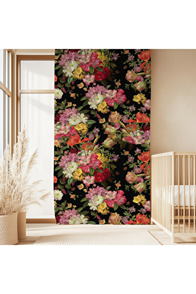 Hanna Home Çok Renkli Floral Desenli Kadife Görünümlü Salon fon perde