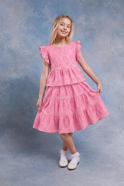 Perendi Girl's Combed Cotton Lined Brode Blouse and Skirt Set