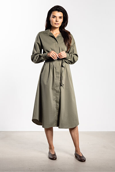 Awama Midi shirt dress A736, green, long sleeves, S INTL