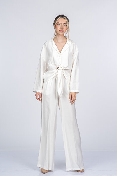 MissVina Carmina Elegant Front Tie Detailed Jacket Collar Blouse and Pantoon ...