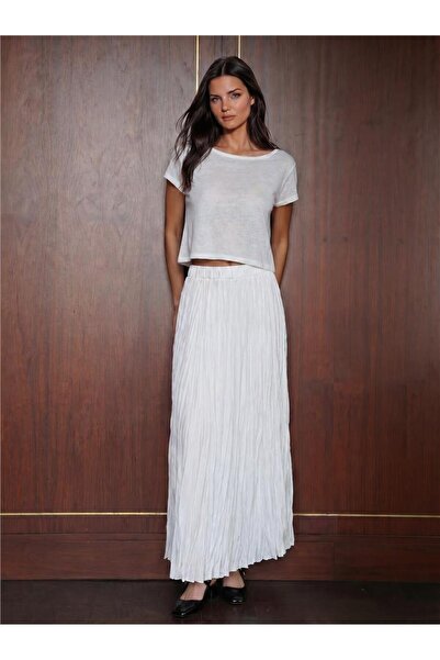 WeShaya White Polyester Fabric Wrinkle Detailed Long Straight Form High Waist...