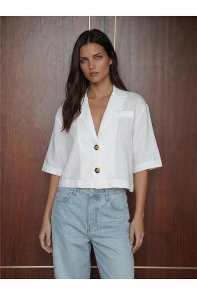 WeShaya White Linen Textured Double Button Oversize Crop Form Short Sleeve Ja...