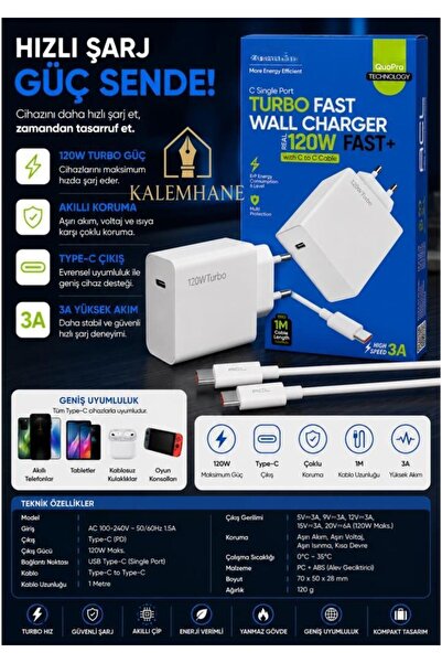 kalemhane 120W Turbo Hızlı Şarj Başlığı Typ-c Giriş ve Kablo 3A 1m