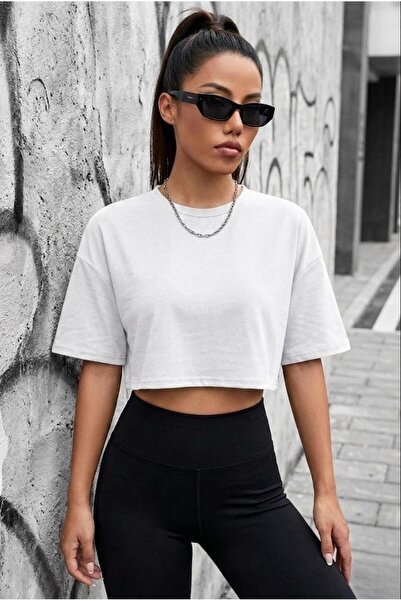 Oksit Cezyy Crew Neck Basic Oversize Crop T-Shirt - Cotton Relaxed Fit