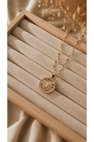 Tiştok accessory 316L Çelik Gold Aslan Burcu Kolye /Zirkon Taşlı Kararmaz Ant...