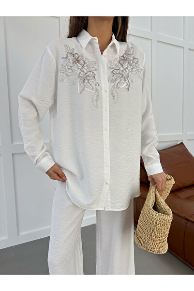 MİA NOURA Women's Shirt with Beaded Embroidery on Front and Sleeves, Oversize...