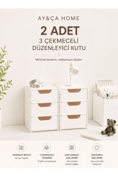 AY&ÇA HOME 2 Adet Tidy Ofis Mini Çekmece Organizer 3 Çekmeceli Çok Amaçlı Düz...
