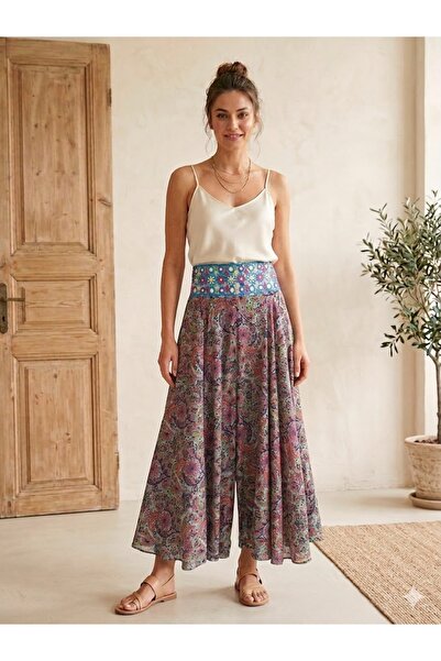 AYASOFYA OTANTIK Fusta pantalon din mătase cu model etnic autentic, cu talie ...