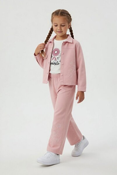 Cansın Mini Jakna, pantalone i dečija majica sa izvezenim cvetovima od lososa...