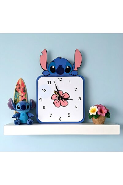 vela atölye Stitch Mavi Ahşap Çocuk Odası Duvar Saati