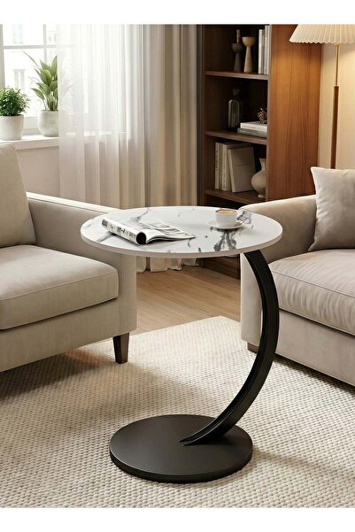 Taimi Modern Coffee Table | C-shaped Side Table With White Color With Black F...
