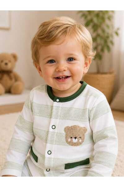 NiLi Baby Boy Striped Cardigan with Teddy Bear Detail
