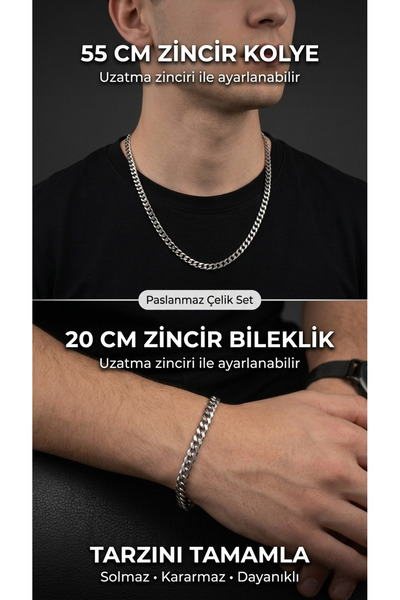 SEVMİNE Erkek 316L Paslanmaz Çelik Zincir Kolye ve Bileklik Seti, Kararmaz, K...