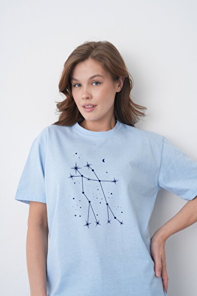 TREND EMMODA Tricou casual albastru cu gât rotund, cu imprimeu Constelația Ge...