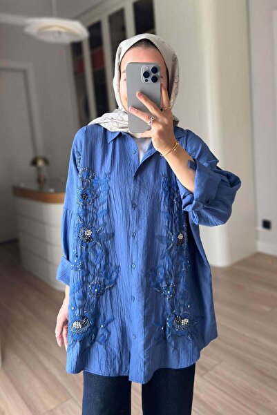 Ka Hijab Rose Bead Embroidered Shirt - Indigo