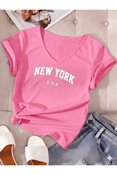 FAVORİST Γυναικείο μπλουζάκι με στάμπα New York USA με λαιμόκοψη V