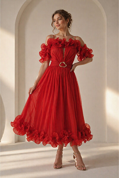 Divin store Coral red midi dress in satin veil with ruffles at the bust
