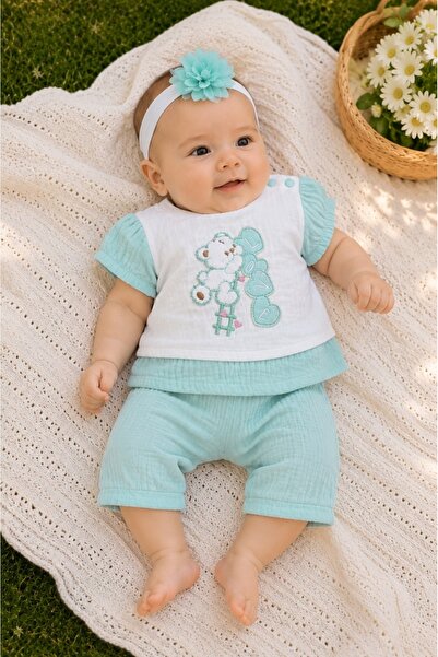 Pure Boutique Mint green muslin baby set with love teddy bear and headband 3 ...