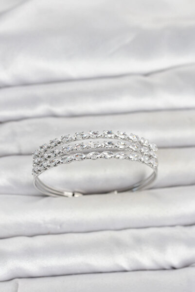 Clariss Brass Silver Color Barley Cut Zircon Stone Row Model Women's Bracelet