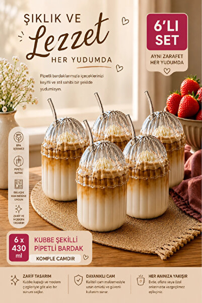Berdina Home 6'lı Kübbe Kapaklı Pipetli Bardak Isıya Dayanıklı EggGlass İskan...