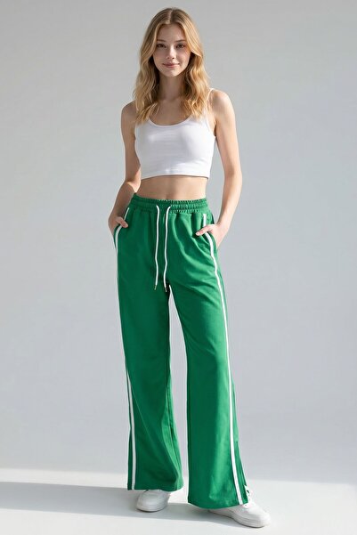 bacc Green Side Striped, Slit Detailed, Wide Leg Sweatpants