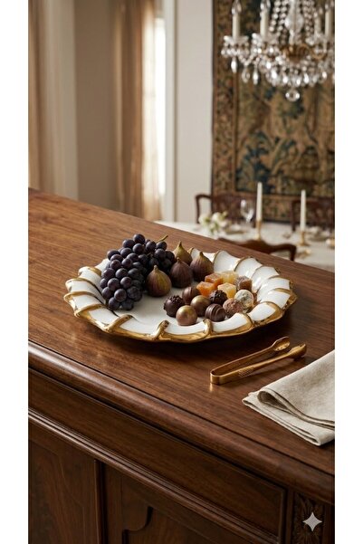 Sembol Wavy Edge Luxury Porcelain Serving Plate 28 cm Round Serving Plate Whi...