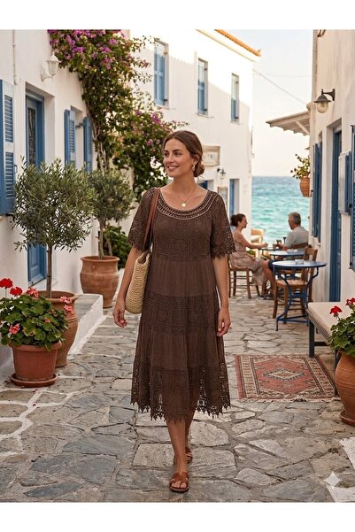 AYASOFYA OTANTIK Women's Italian Brown Sequin Detailed Round Neck Ruched Silk...