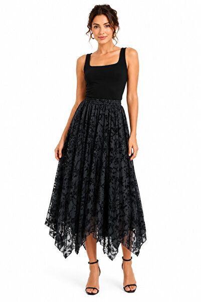 TUGBA COLLECTION ASİMETRİK KESİM TÜL FOLK DESENLİ ASTARLI ETEK