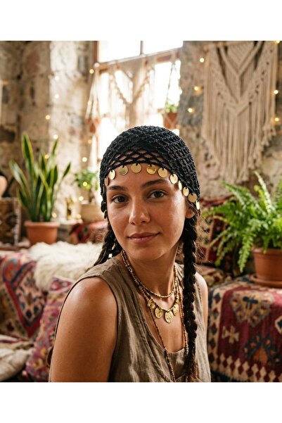 Sfenks. El Örgüsü Bohem Pul Detaylı Siyah Saç Aksesuarı & Bandana