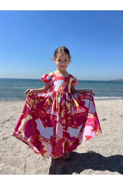 Teeny Weeny Kids Girl's Patterned Long Dress with Bow Detail