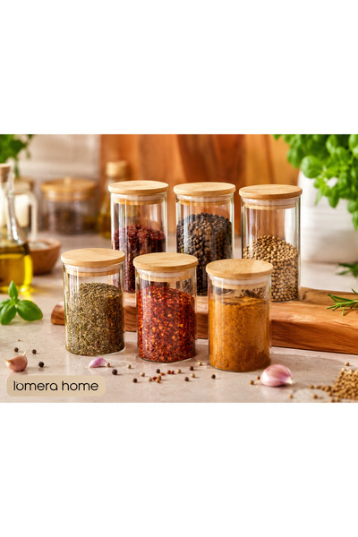 Lomera Home 6’lı Bambu Kapaklı Cam Baharatlık Seti – Modern Mutfak Düzenleyic...