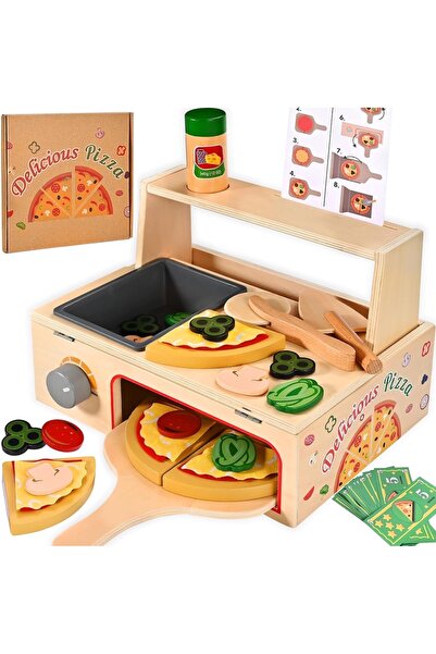 Limon Dekor Ahşap Çocuk Mutfak Seti Oyuncak Pizza Fırını - 50 Parça Eğitici M...