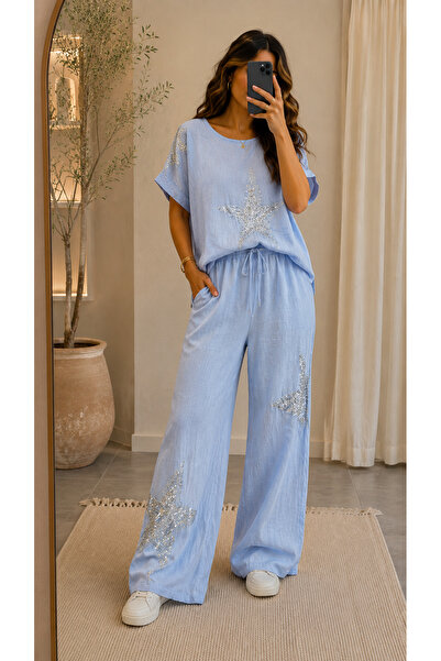 Marjinal Women's 100% Linen Star Detailed Double Suit Set
