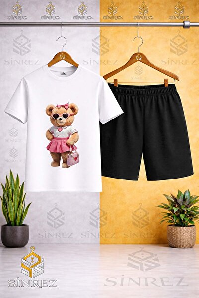 SİNREZ Tricou cu imprimeu CANTA cu decolteu rotund și fustă roz ursuleț - Set...