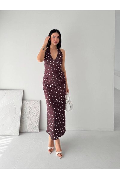 Bella Breeze Women's Back-Tie Draped Polka Dot Patterned Long Dress