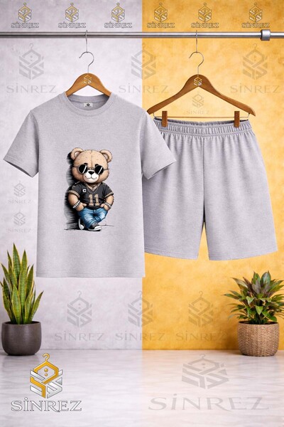 SİNREZ Crew Neck Bear Style 11 No Printed T-Shirt - Shorts Set